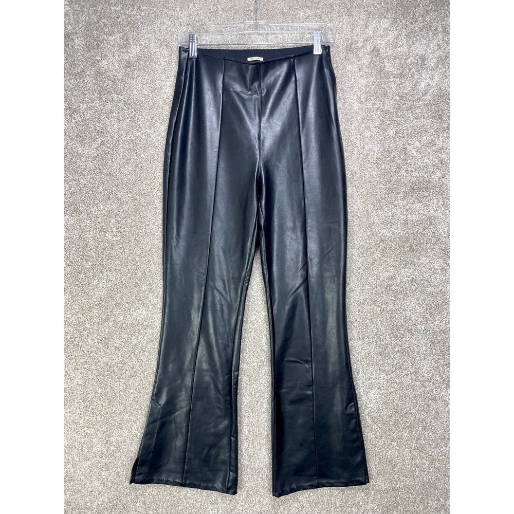 Abercrombie & Fitch Vegan Leather Flare Pants Women M Black High Rise Edgy Biker - Picture 2 of 8